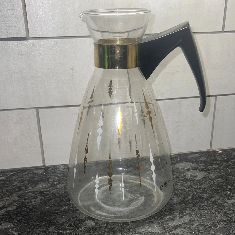 Vintage Pyrex Glass Coffee Carafe with Black Handle and Gold Accents
